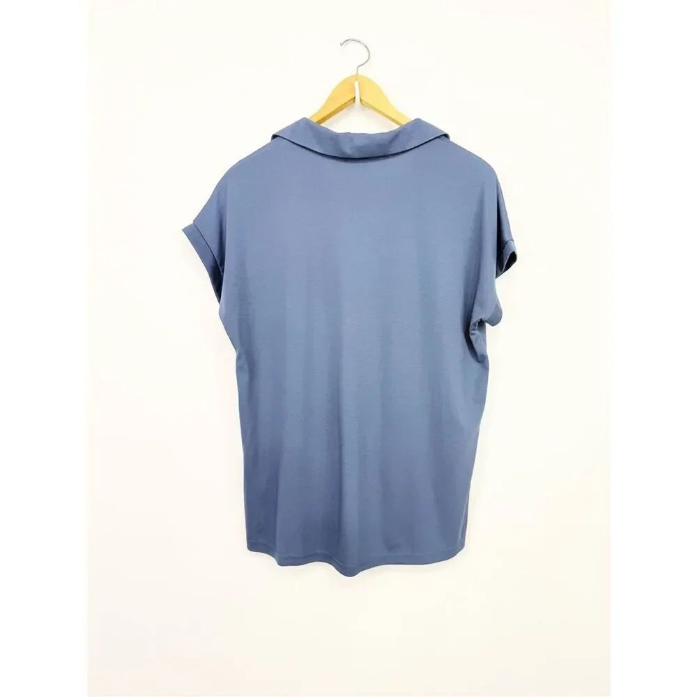 Vivilli Slate Blue Collared V Neck Short Sleeve Pullover Casual Top NEW - Picture 5 of 9